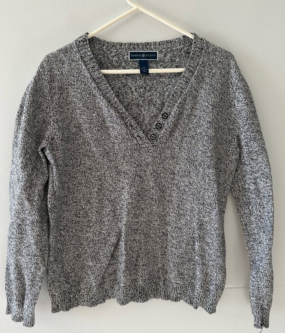 Karen Scott Sweater Women's Medium Gray Marled Henley Pullover V-neck Winter